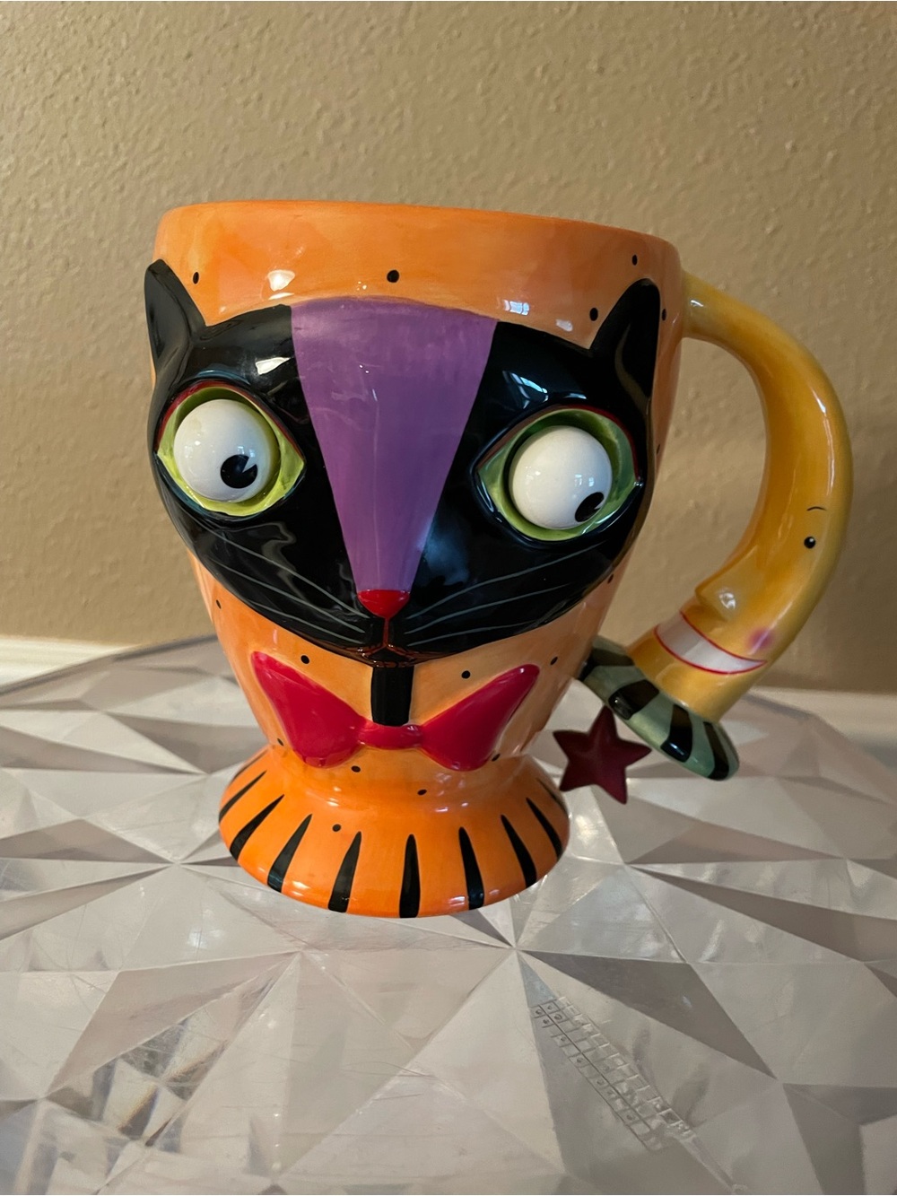 Dept 56 Vintage Large Cat Halloween Mug Goggle Eyes Moon Handle Star Emblem